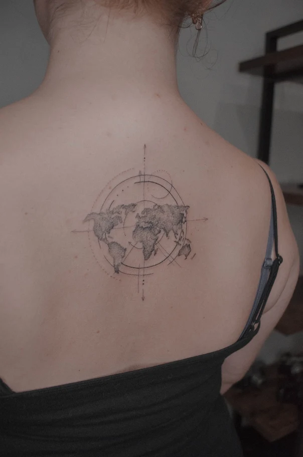 Linework Map, Compass tattoo on Upper Back
