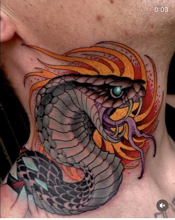 Japanese Snake, Fire tattoo on Neck
