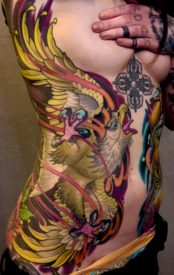 Japanese Phoenix, Dragon tattoo on Side