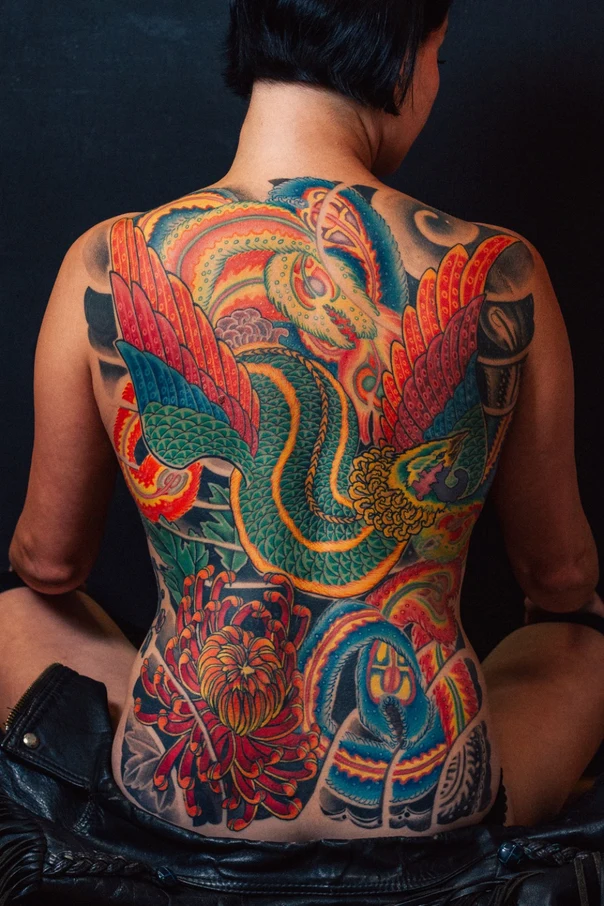 Японская Dragon, Phoenix tattoo на Спина (полная)