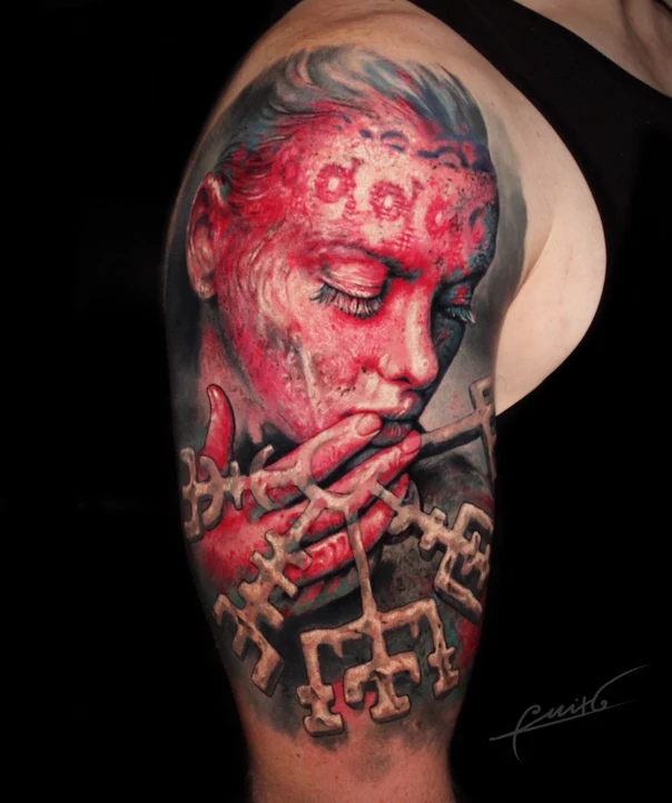 Realism Portrait, Geometric tattoo on Upper Arm