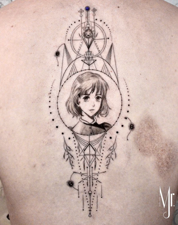 Fineline Portrait, Geometric tattoo on Upper Back