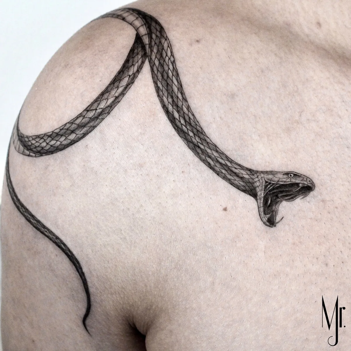 A realistic black and grey tattoo of a snake coiled on the shoulder with its mouth open, showing detailed scale texture and depth through shading.