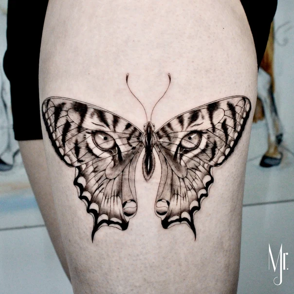 Black & Grey Butterfly tattoo on Thigh