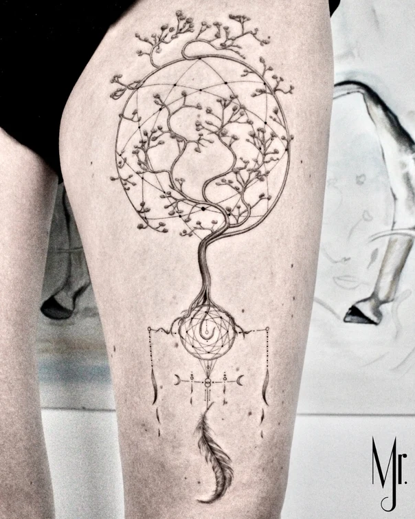 Linework Tree, Dreamcatcher tattoo on Thigh