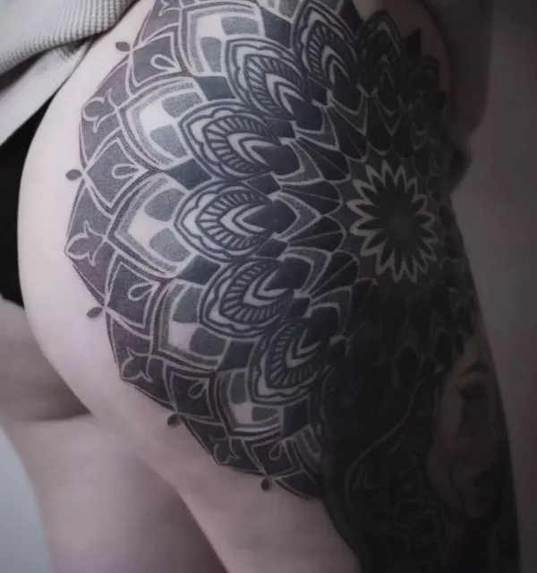 female black and grey mandala tattoo on thigh #69686 | Tattoo Artist Denis Ryazanov