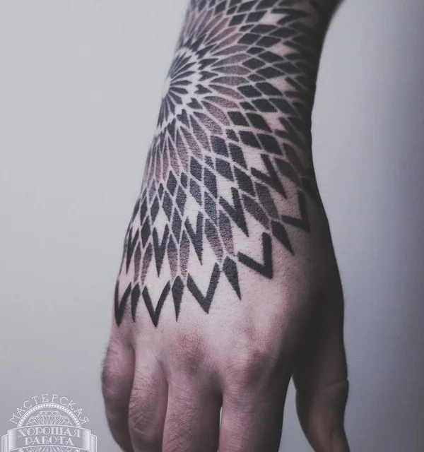 black and grey geometric tattoo on back of hand #69684 | Tattoo Artist Denis Ryazanov