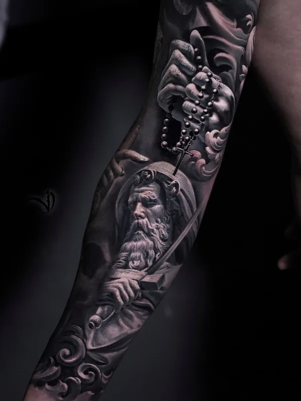 blackandgrey realism татуировка на sleeve #69766 | Тату мастер Дмитрий Варлаков