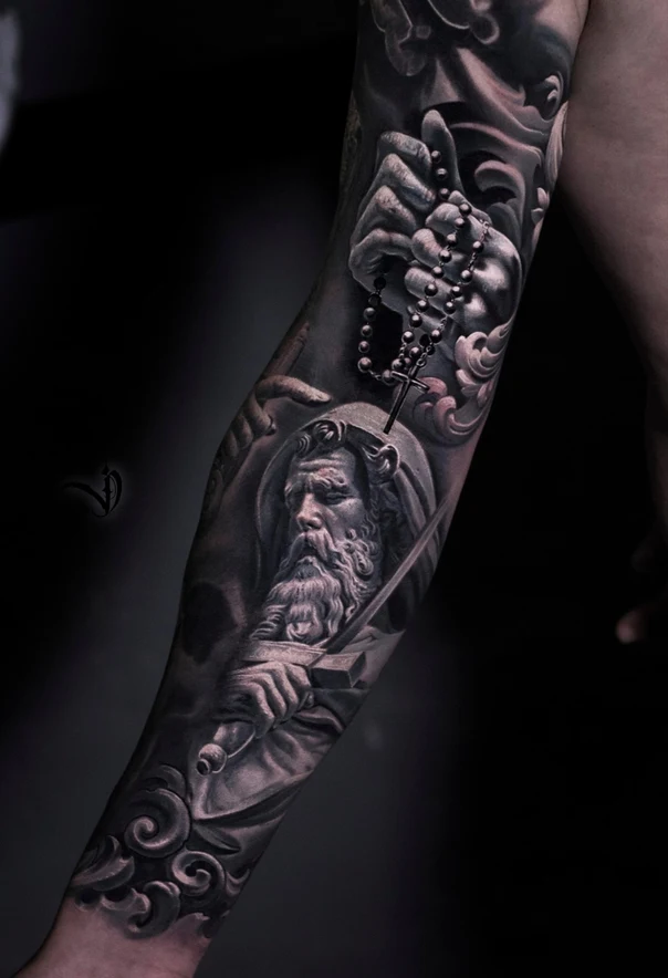 Realism Religious, Hands tattoo on Full Sleeve