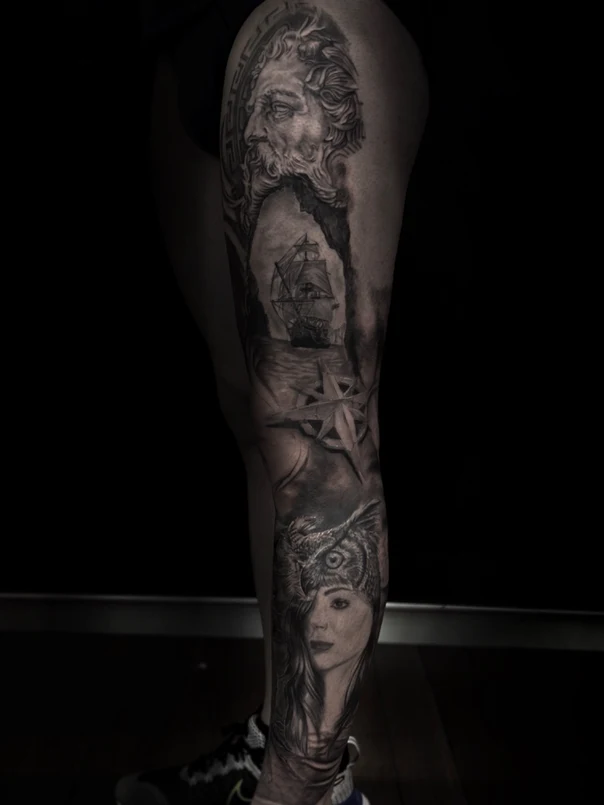 Realism Portrait, Ship tattoo on Full Leg