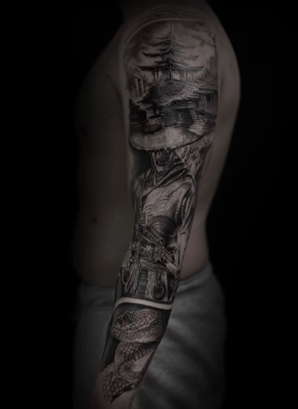 Japanese Samurai, Pagoda tattoo on Full Sleeve