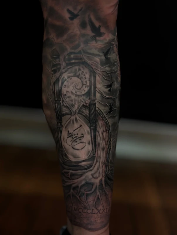 Black & Grey Hourglass, Tree tattoo on Forearm