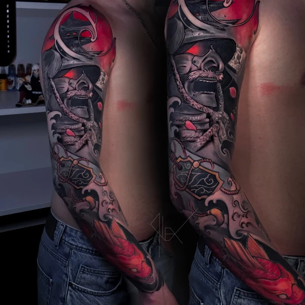 Japanese Samurai, Koi tattoo on Full Sleeve