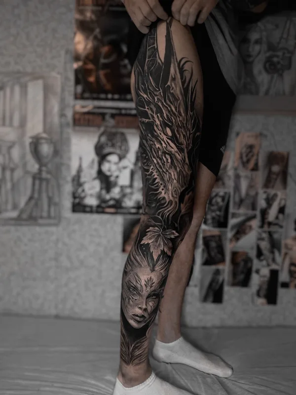 black and grey black and grey tatouage sur full leg #69853 | Artiste tatoueur Nika Nixttay