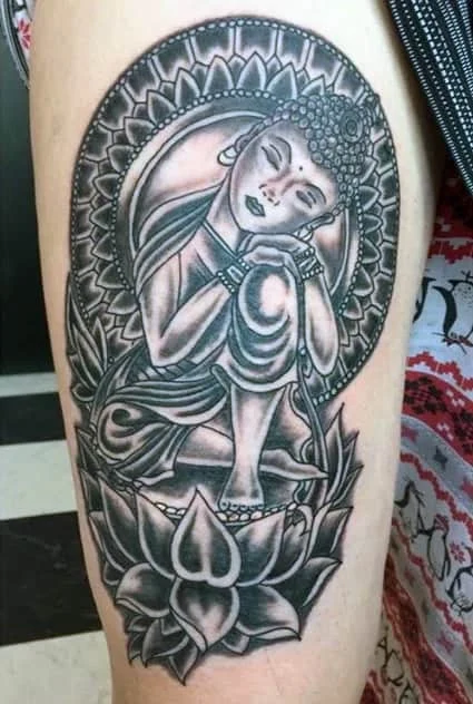 Black & Grey Buddha, Lotus tattoo on Thigh