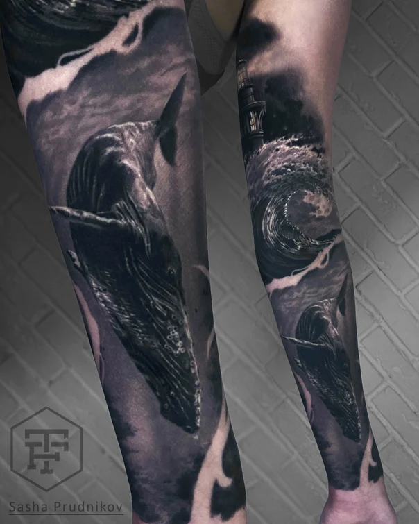 Realism Whale, Lighthouse tattoo on Full Sleeve