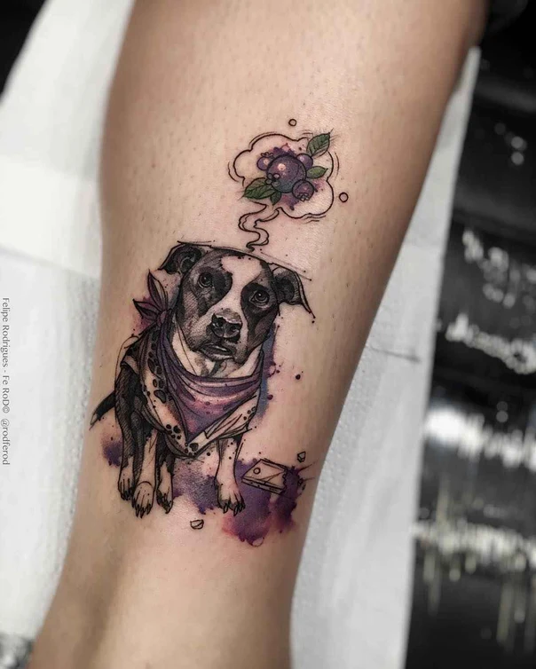 Illustrative Dog, Fruit tattoo on Calf