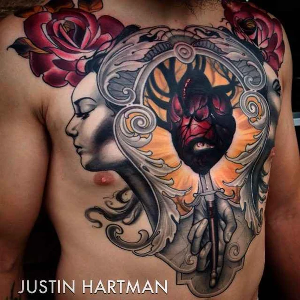 Neo-traditional Rose, Portrait tattoo on Chest