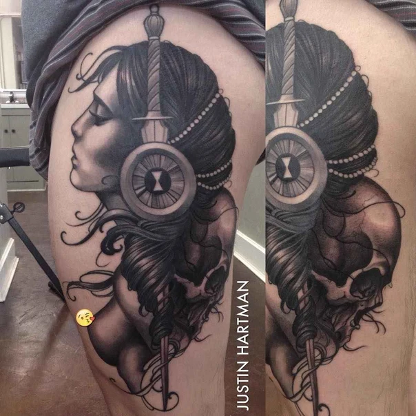 Black & Grey Portrait, Skull tattoo on Thigh