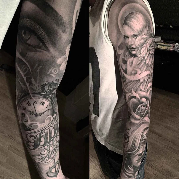Realism Eye, Clock tattoo on Full Sleeve