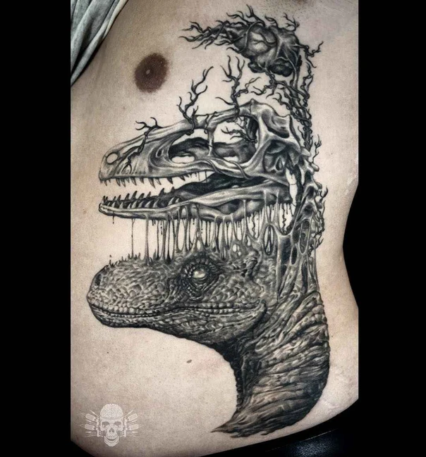 Black & Grey Dinosaur, Skull tattoo on Side