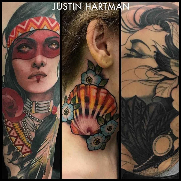 Realism Portrait, Shell tattoo on Neck