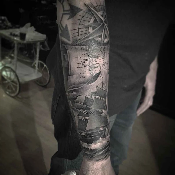 Black & Grey Ship, Map tattoo on Forearm