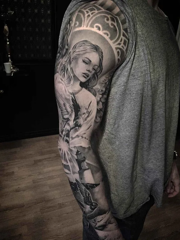 black and grey realism tatuaje en full sleeve #1190 | Tatuador Niceguy Chris Tattoo