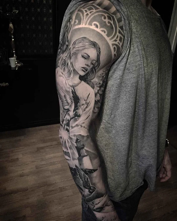 Realism Angel, Lighthouse tattoo on Full Sleeve