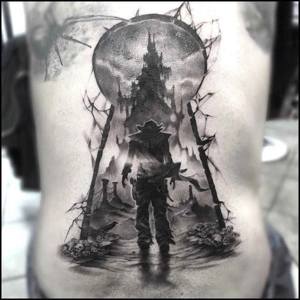 Black & Grey Castle, Figure tattoo on Back