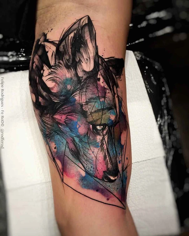 Watercolor Wolf, Animal tattoo on Forearm