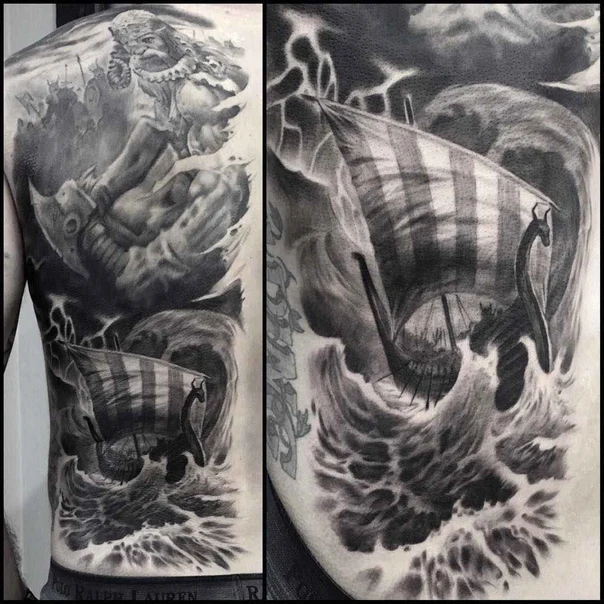 Realism Viking, Ship tattoo on Full Back