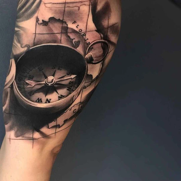 Realism Compass, Map tattoo on Forearm