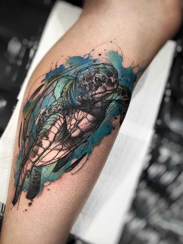 color watercolor tattoo on calf #1151 | Tattoo Artist Felipe Rodrigues (Fe Rod)