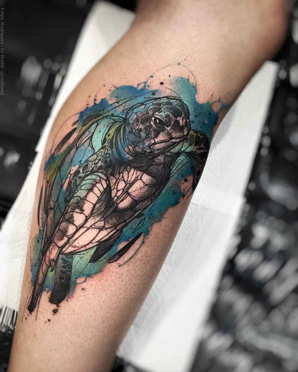 Watercolor Turtle tattoo on Calf