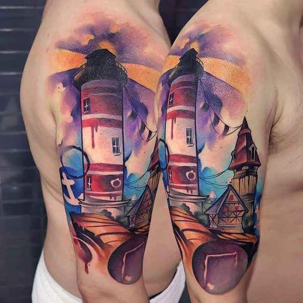 Illustrative Lighthouse, Landscape tattoo on Full Sleeve