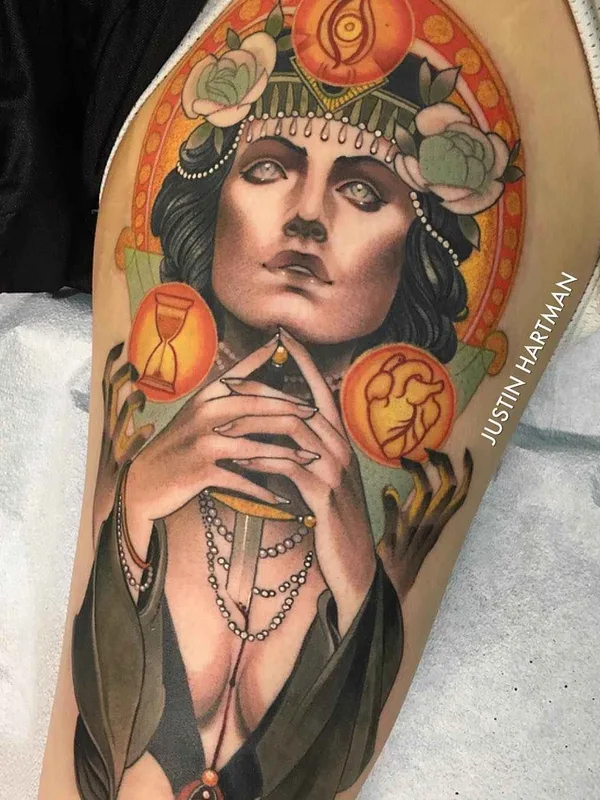 female color illustrative Tatuagem em thigh #1279 | Tatuador Justin Hartman
