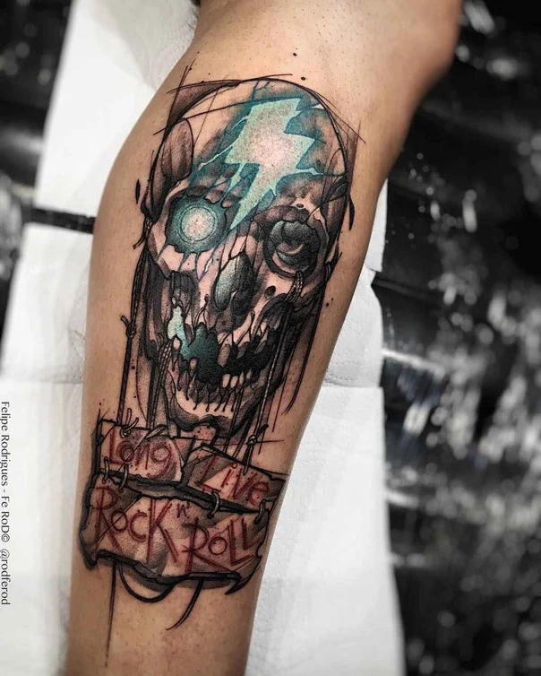Sketch Skull, Lettering tattoo on Calf