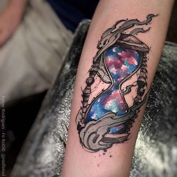 Illustrative Hourglass, Galaxy tattoo on Forearm