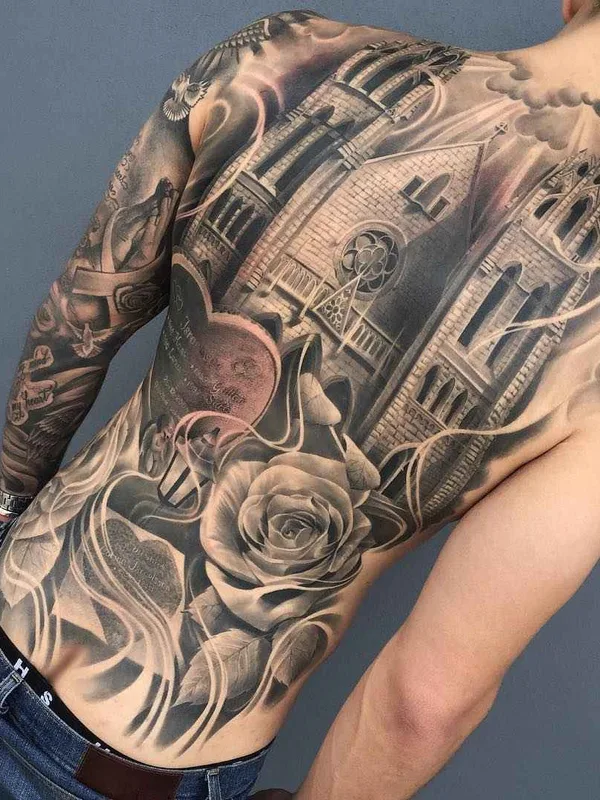black and grey realism 纹身 在 full back #1144 | 纹身师 Gabriel Gonzalez