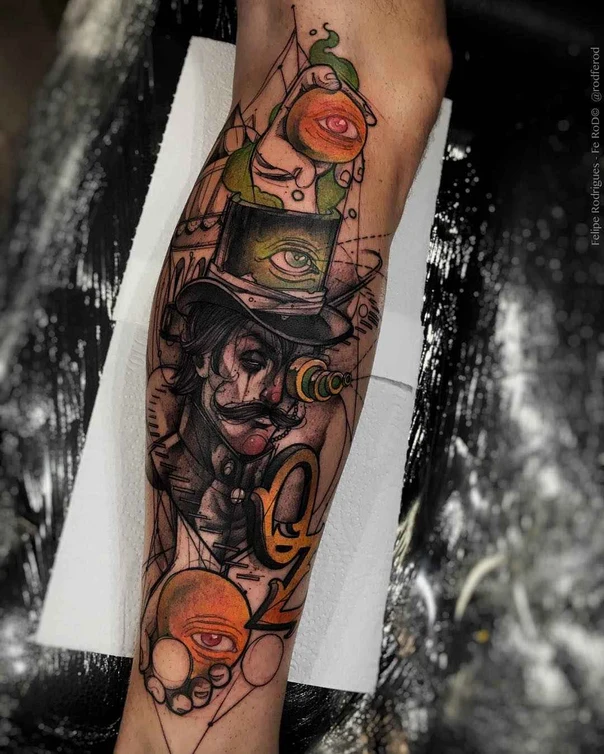 Illustrative Eye, Portrait tattoo on Calf