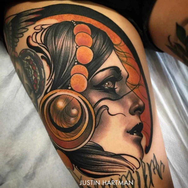 Neo-traditional Portrait, Woman tattoo on Thigh