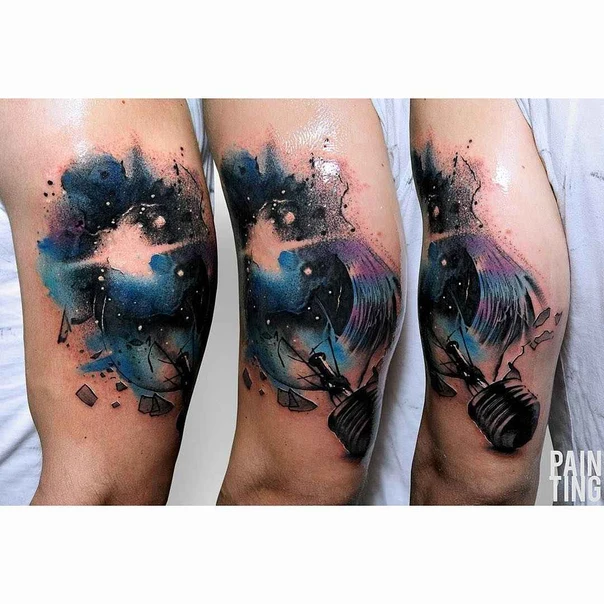 Watercolor Galaxy, Microphone tattoo on Forearm