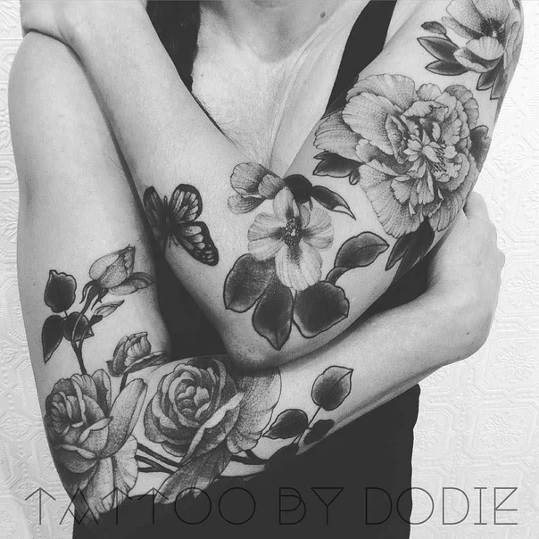 Black & Grey Flowers, Butterfly tattoo on Full Sleeve