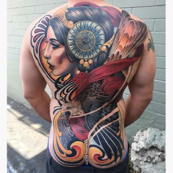 Realism Woman, Eagle tattoo on Full Back