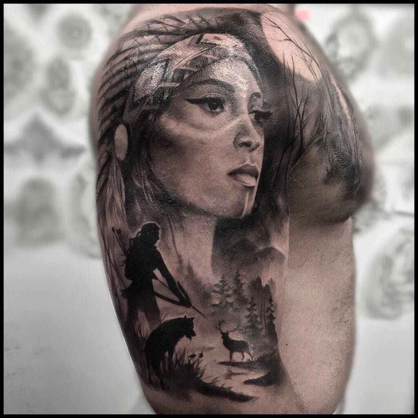 Realism Native american, Wolf tattoo on Shoulder