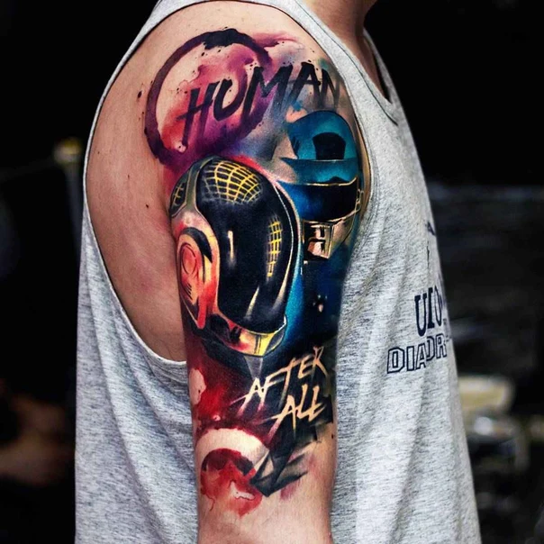 Watercolor Helmet, Lettering tattoo on Upper Arm