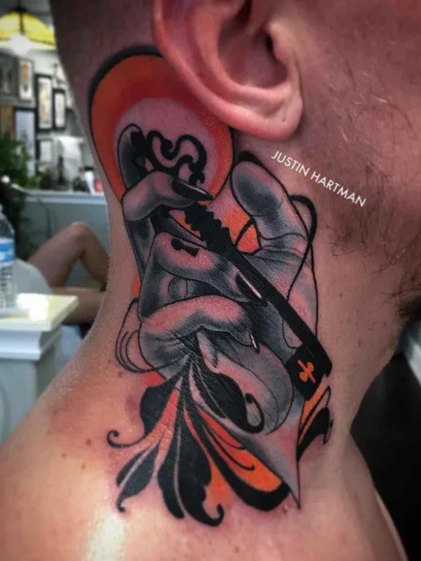 male color illustrative Tatuagem em neck #1282 | Tatuador Justin Hartman