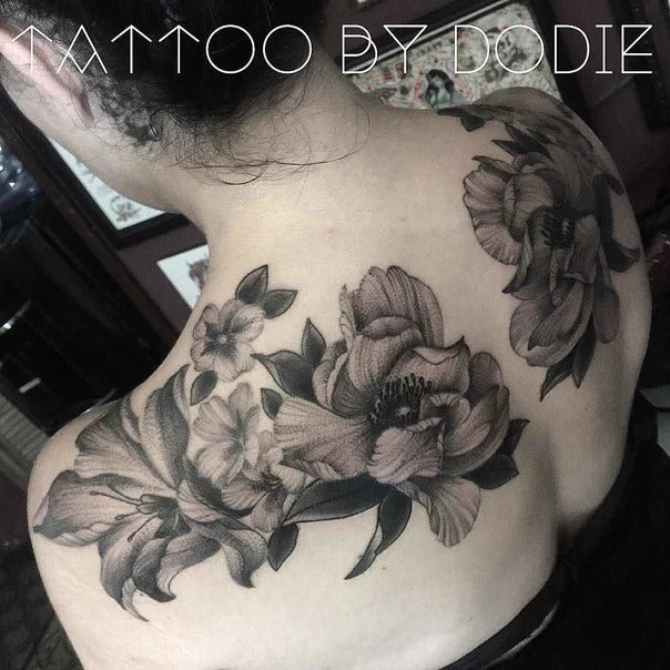 Realism Flower, Leaves tattoo on Shoulder