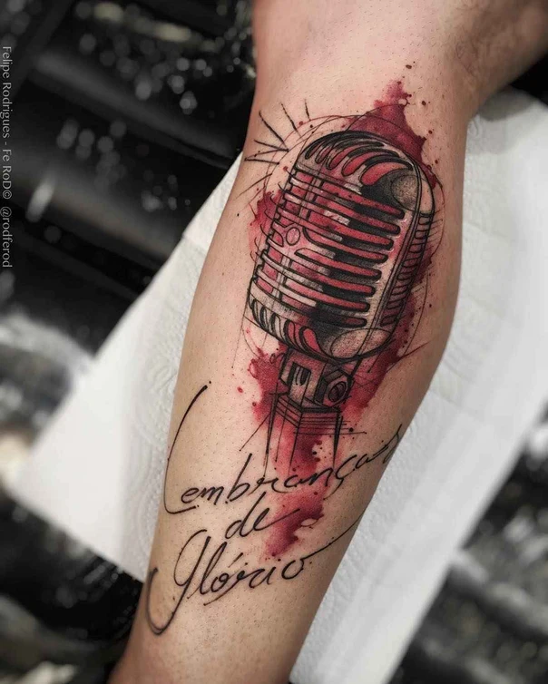 Illustrative Microphone, Lettering tattoo on Forearm